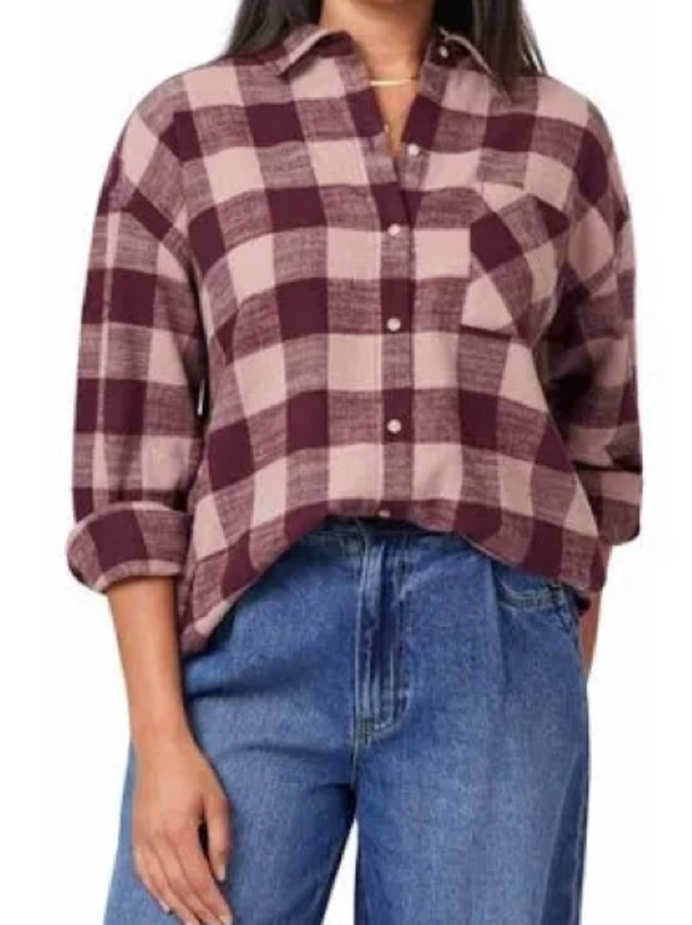 Scotch & Soda Cropped Plaid Flannel Shirt Womens L Mauve Plum Buffalo
